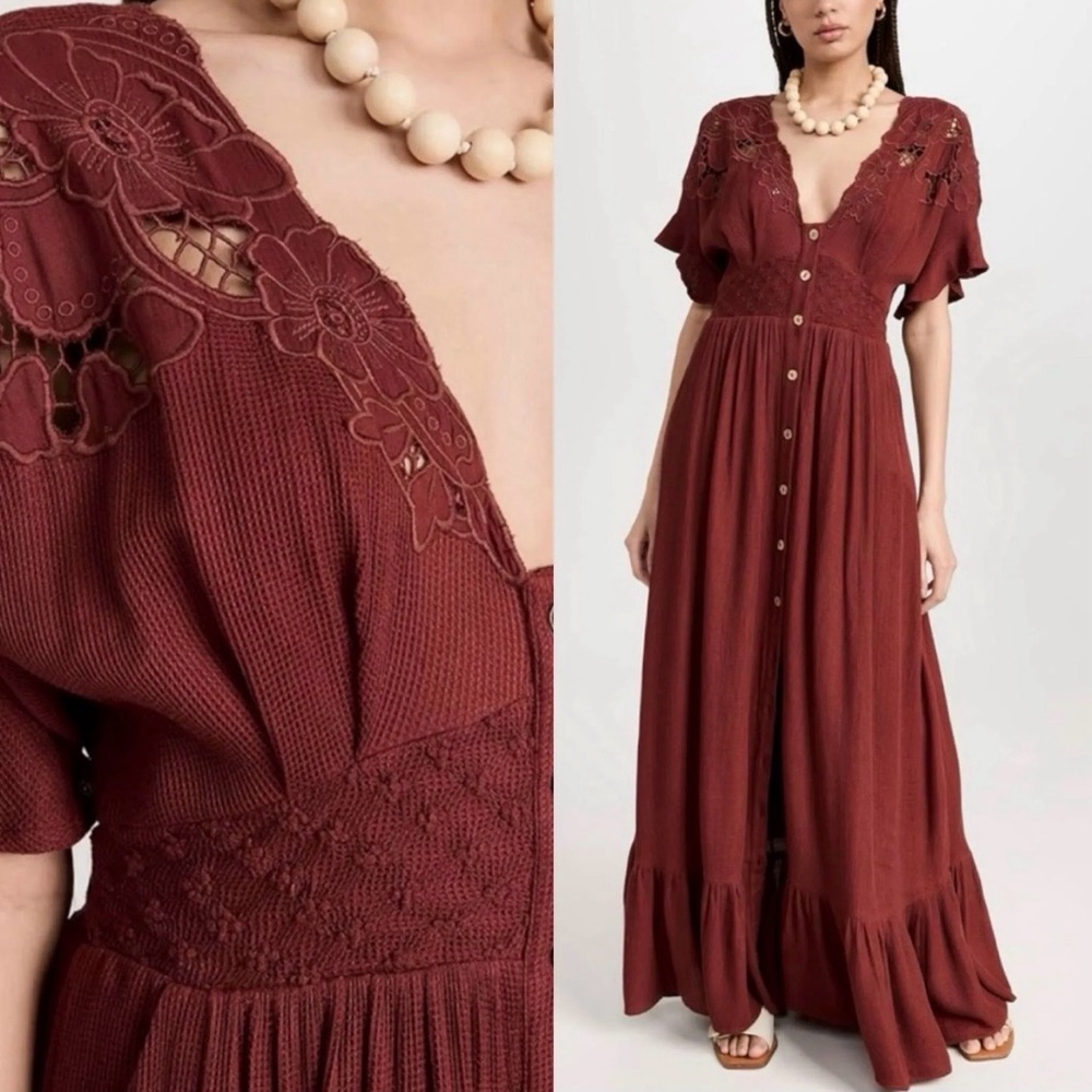 Free People Deep Rust Embroidered Button-Front Maxi Dress